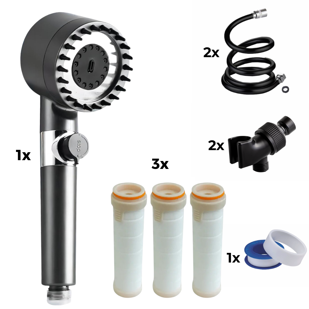 رأس دش + 2 خرطوم + 2 × محول + 3 × فلتر + شريط تيفلون